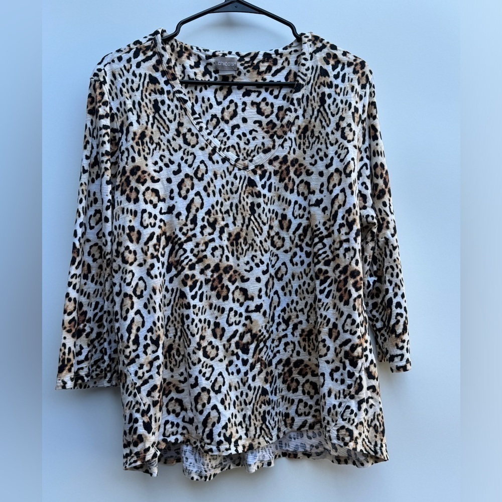Chico’s Leopard Animal Print Black Cream Quarter Sleeve Top Size 3 (US XL)